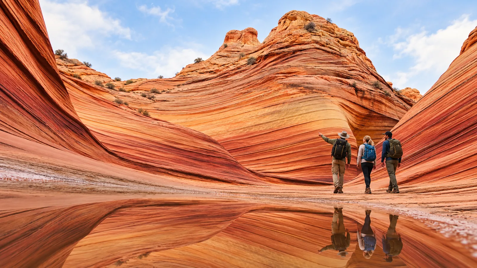 Guide and two hikers walking through The Wave's red and orange sandstone, Kanab, Utah.