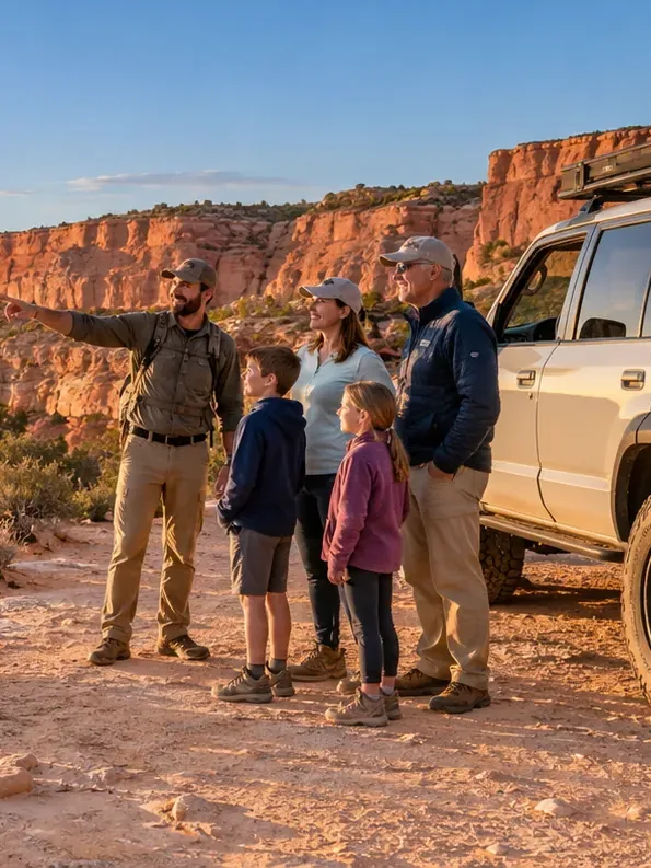 A Coral Cliffs guide showing a family the view from a desert overlook beside the tour vehicle at sunset